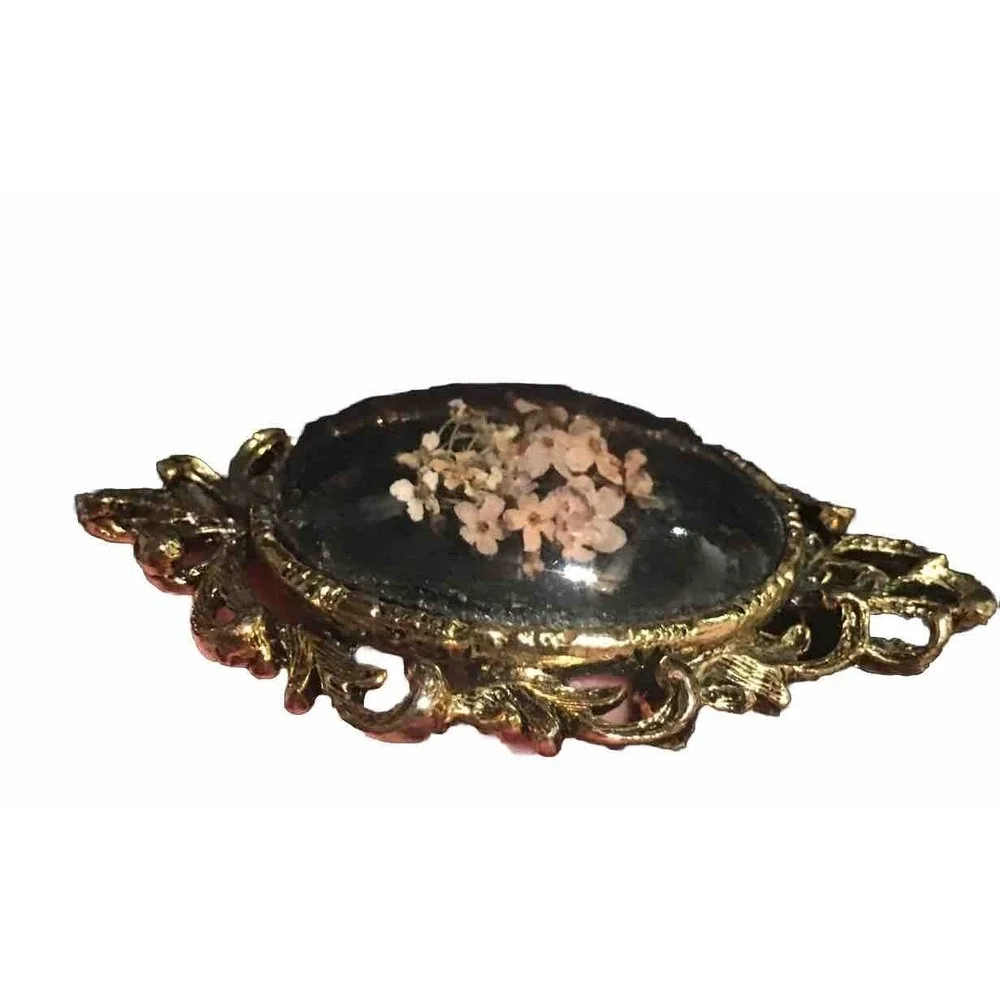 Vintage Brooch Pin Pink Flowers Under Glass Cabochon Gold Tone